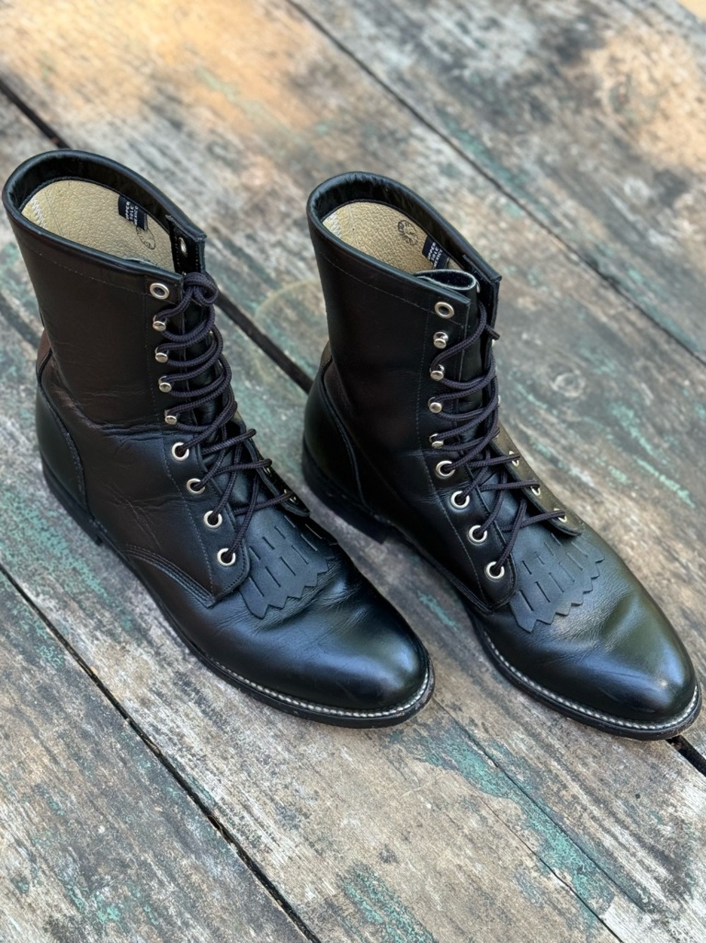 Vintage Justin Roper Black Leather Lace Up Western Boots Scalloped Toe 8B EUC